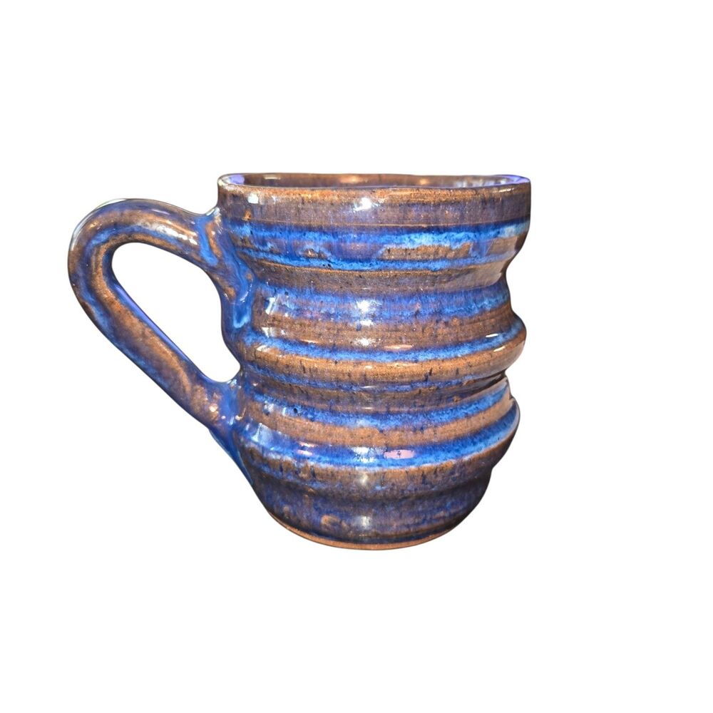 Signed Vintage 1994 Large Handmade Blue & Brown Glazed Ribbed Coffee‎ Cup Mug